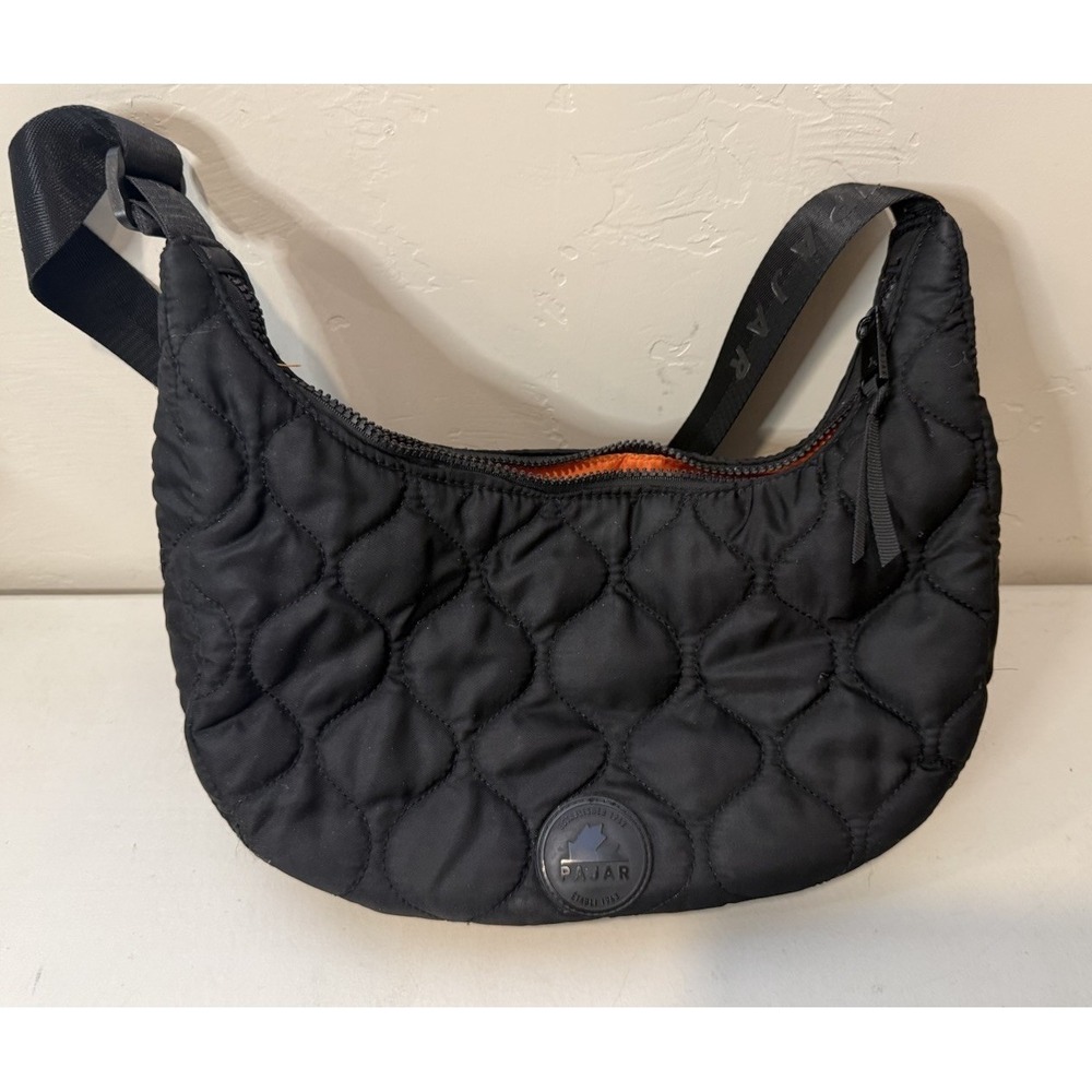 Black Quilted Puffer Pajar Shoulder Handbag Crossbody Bag Orange Lining